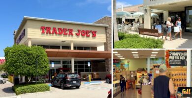 Collage de compras en Fort Lauderdale con Trader Joe’s, terrazas de River Market y el interior de la tienda
