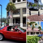 Collage de Las Olas en Fort Lauderdale: peatones, ciclistas, un auto rojo y el muelle junto al Riverside Hotel
