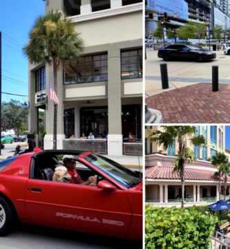 Collage de Las Olas en Fort Lauderdale: peatones, ciclistas, un auto rojo y el muelle junto al Riverside Hotel