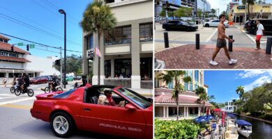 Collage de Las Olas en Fort Lauderdale: peatones, ciclistas, un auto rojo y el muelle junto al Riverside Hotel