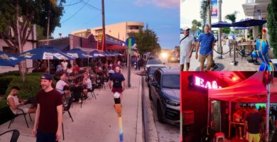 Collage de Wilton Drive durante Labor Day 2026: terrazas, peatones y vida nocturna