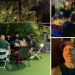 Personas reunidas en el patio de Blu Flamingo, noche de póker y Ricardo con su Blue Dream