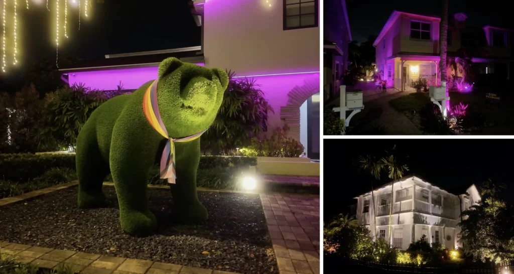 Casas iluminadas de Wilton Manors de noche: arquitectura, jardines y luces de colores