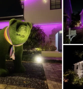 Collage de casas iluminadas de Wilton Manors: oso verde, fachada rosa y vivienda blanca