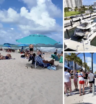 Collage real del recorrido: Sebastian Beach, yates y paseo frente a la playa en Fort Lauderdale
