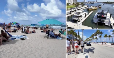 Collage real del recorrido: Sebastian Beach, yates y paseo frente a la playa en Fort Lauderdale