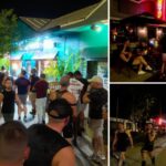 Collage de Wilton Manors de noche: personas en Wilton Drive, fachada de Drynk y caminata del sábado