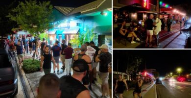 Collage de Wilton Manors de noche: personas en Wilton Drive, fachada de Drynk y caminata del sábado