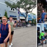 Collage de Wilton Manors un viernes: personas frente a Hunters, una terraza y visitantes conversando