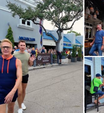 Collage de Wilton Manors un viernes: personas frente a Hunters, una terraza y visitantes conversando