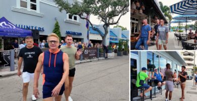 Collage de Wilton Manors un viernes: personas frente a Hunters, una terraza y visitantes conversando