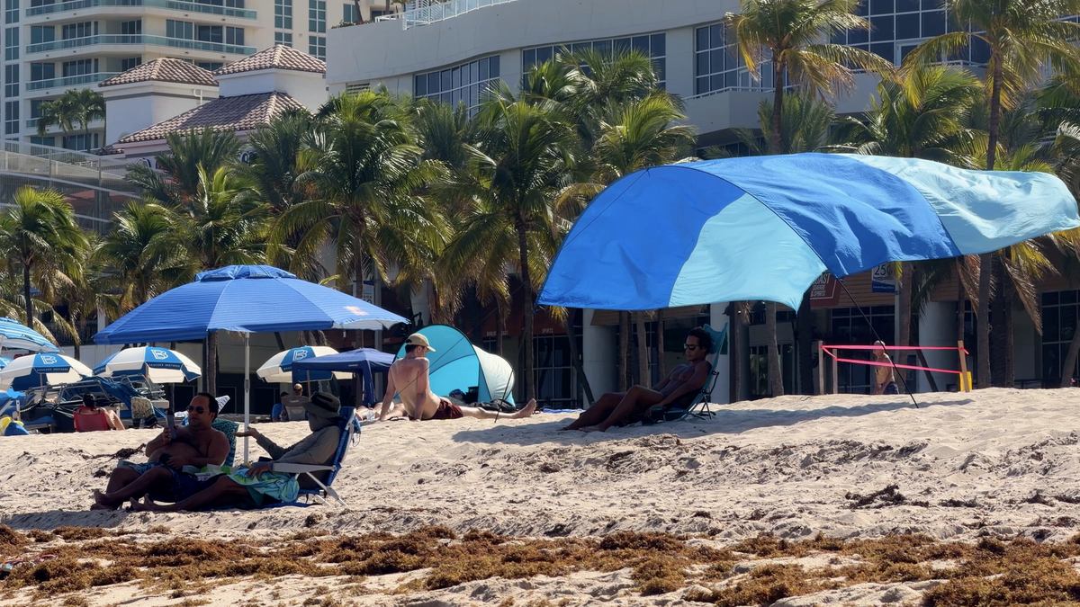 Sombrillas y visitantes en Sebastian Beach