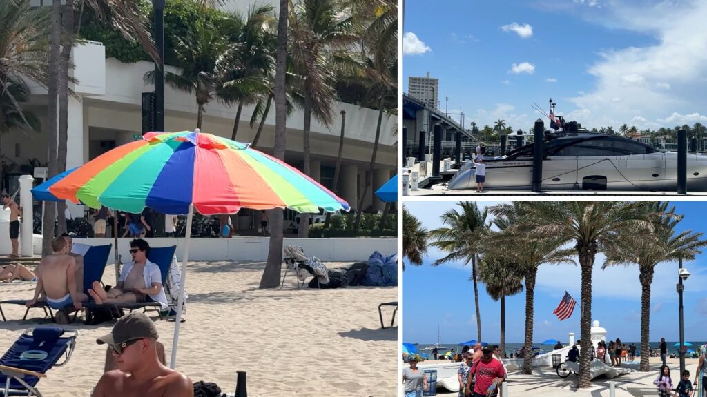 Collage de Sebastian Beach: sombrilla con visitantes, yate en el canal y acceso a la playa