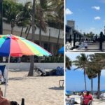 Collage de Sebastian Beach: sombrilla con visitantes, yate en el canal y acceso a la playa