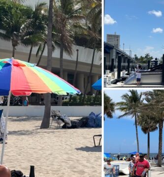 Collage de Sebastian Beach: sombrilla con visitantes, yate en el canal y acceso a la playa