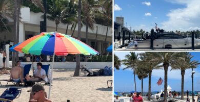 Collage de Sebastian Beach: sombrilla con visitantes, yate en el canal y acceso a la playa