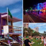 Collage real de South Beach con caseta de salvavidas, Ocean Drive de noche y personas en South Pointe Park