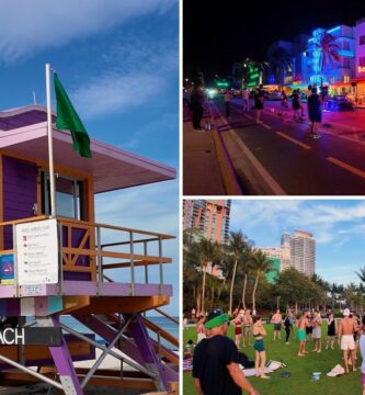 Collage real de South Beach con caseta de salvavidas, Ocean Drive de noche y personas en South Pointe Park