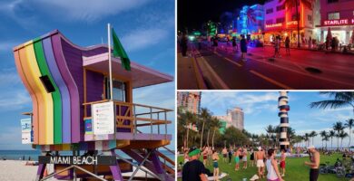 Collage real de South Beach con caseta de salvavidas, Ocean Drive de noche y personas en South Pointe Park