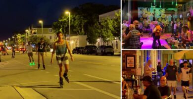 Wilton Manors un miércoles: patinadores en Wilton Drive, baile en Hunters y terraza de Pub on the Drive